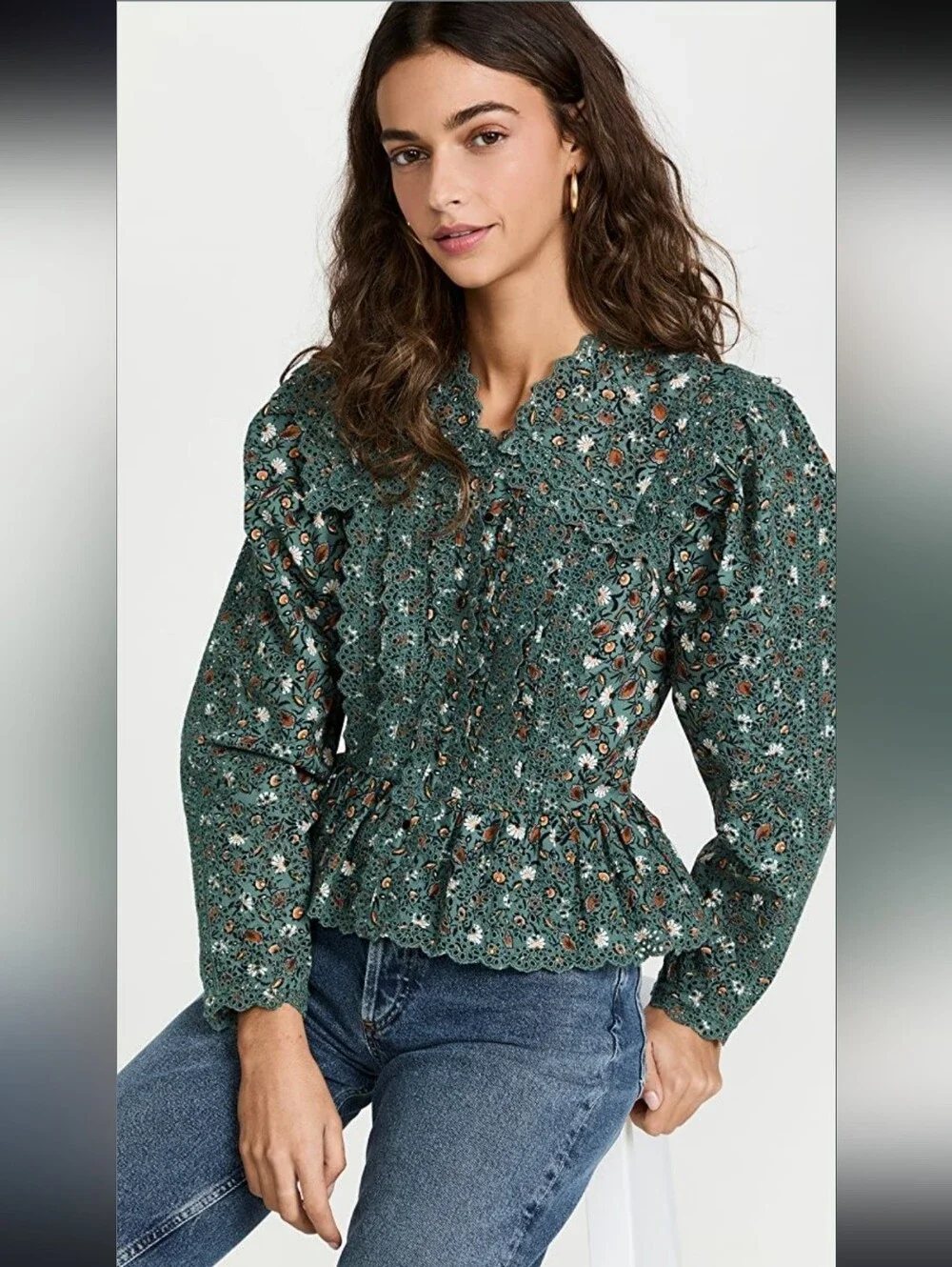 Ulla Johnson Mina Blouse Dragonfly Green Floral Eyelet Peplum Size 10